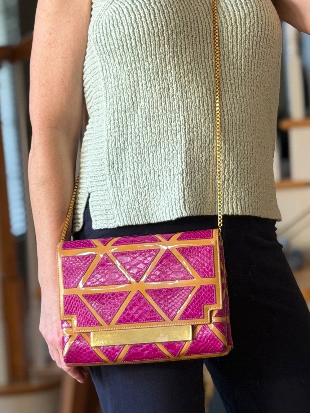 Amanda Navai Avant-Garde Rare Fuchsia Python Mini Ramona 22K Gold Crossbody